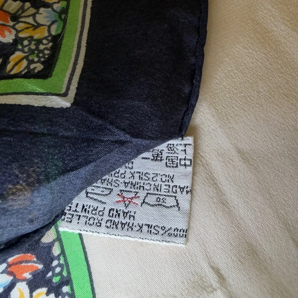 Golden Camel Vintage 100% Silk Scarf Floral Border Hand Rolled Navy Cream 30x30